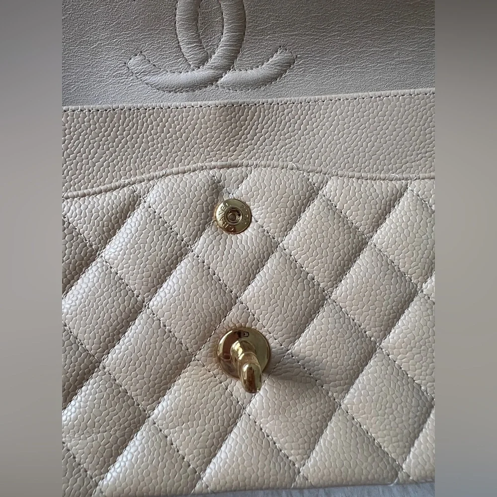 CHANEL Caviar Quilted Medium Double Flap Beige with golden hardware